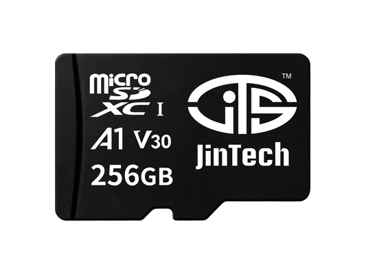 Black microSD card with Micro SDXC A1 V30 256GB label and JinTech logo