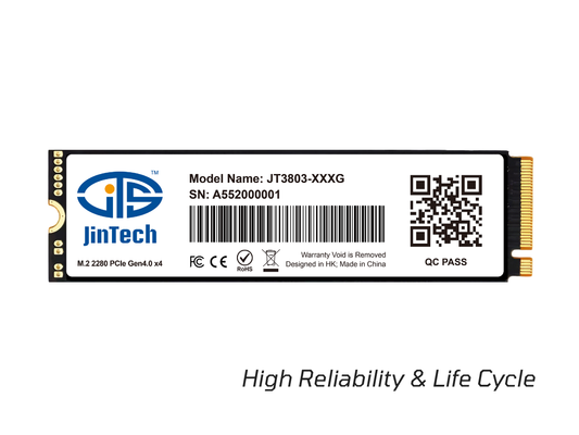 M.2 PCIe SSD with JinTech logo, barcode, and QR code, gold edge connector