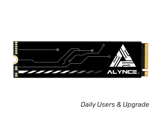 M.2 SSD black circuit board with gold edge connector and ALYNC triangle emblem