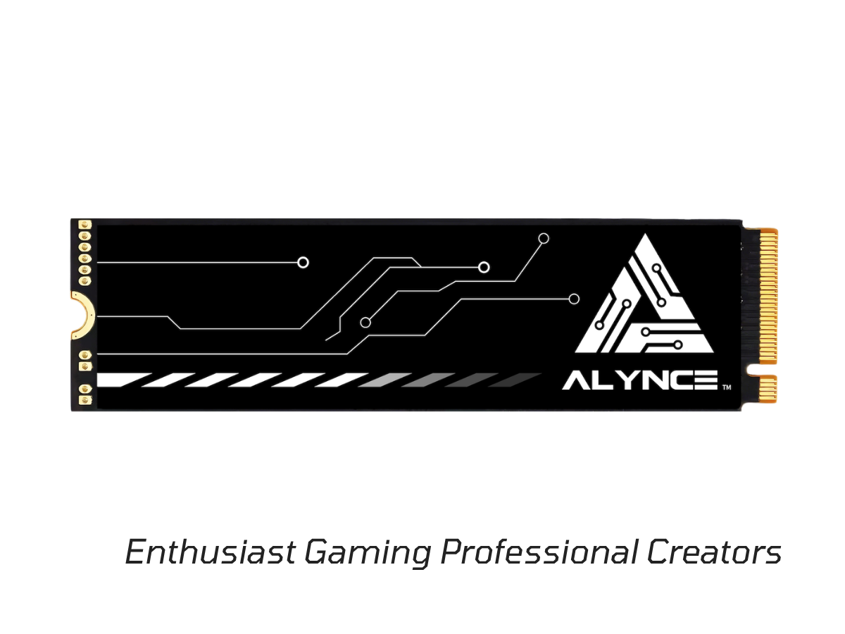 Black NVMe SSD circuit board with gold edge connector and ALYNC logo