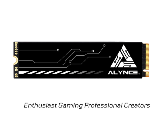 Black NVMe SSD circuit board with gold edge connector and ALYNC logo