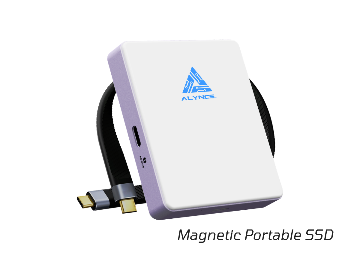 Magnetic Portable SSD enclosure, white with purple trim and side USB-C port